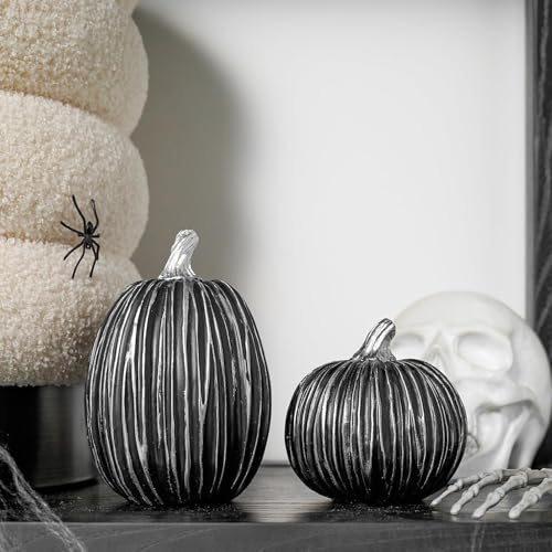 Black Pumpkin Decor Set - 2 Faux Stacking Fall Halloween Indoor Decorations Variation of Black / Set of 2