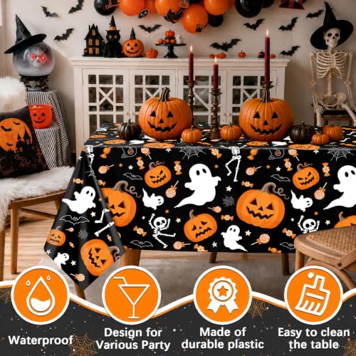 Halloween Disposable Plastic Tablecloth 54x108 Inch - 3 Pack for Indoor Outdoor Parties - Black Pumpkin Skeleton Design - Variation: Halloween