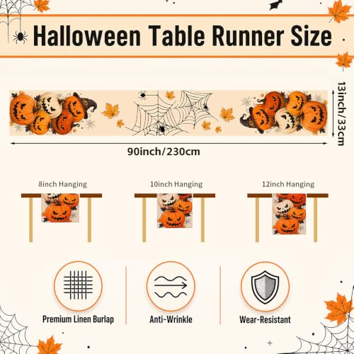 Halloween Table Runner - Pumpkin & Spider Web Design, 13 x 90 Inches, Orange Decor