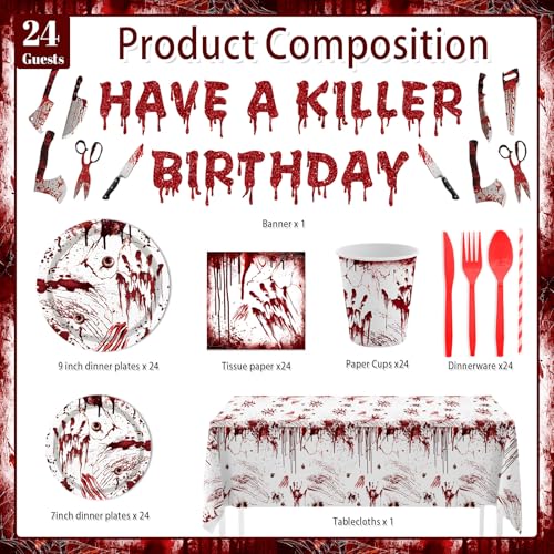 Killer Birthday Party Decorations Set - Halloween Horror Tableware for 24 Guests