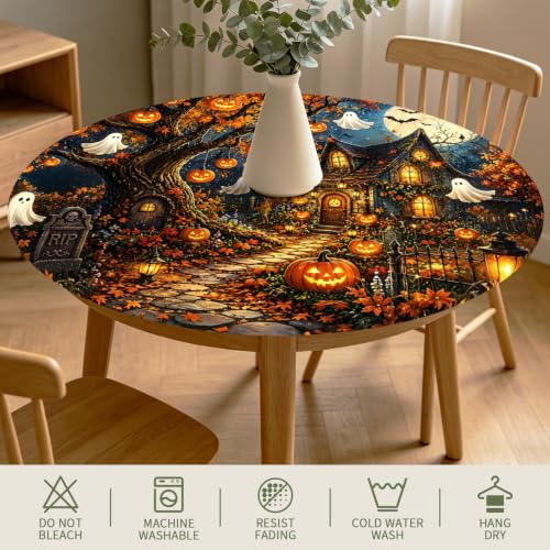Halloween Pumpkin Round Fitted Tablecloth with Elastic 40-44 Inch - Black