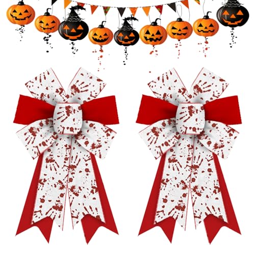 Halloween Wreath Bows - Red & White Burlap with Bloody Handprint, 2 Pieces, Style 3