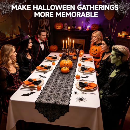 2pcs Halloween Lace Table Runner 18x72 Inches Black Spider Web Decor
