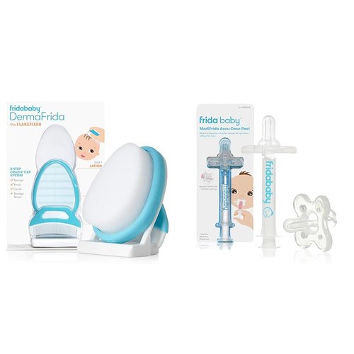 Frida Baby Cradle Cap System - 3-Step FlakeFixer Kit with Sponge, Brush, Comb & Storage Stand | Medicine Pacifier & Syringe Included