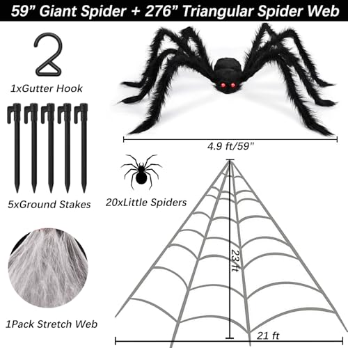 Halloween Spider Web Set with 59-Inch Fake Spider and 20 Mini Spiders - Indoor Outdoor Decor
