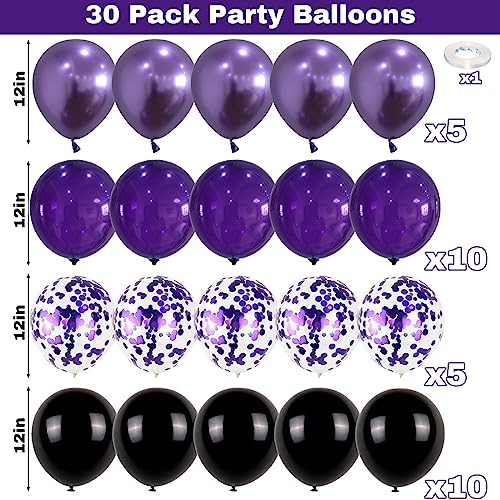 Purple and Black Balloons Set - 12 Inch Metallic Latex Confetti Party Decor - Variation: Purple Black