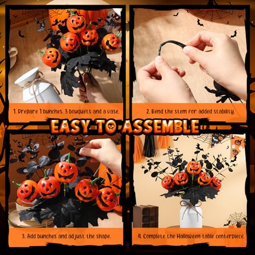 Halloween Table Centerpiece Decorations Set with Black Pumpkins & Eucalyptus - 2 Pieces