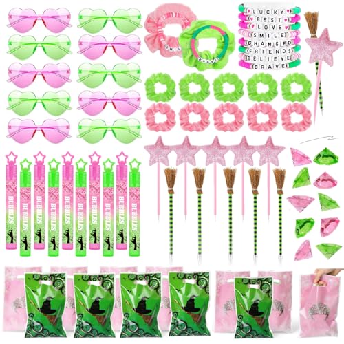 Pink and Green Birthday Party Favors Set - Glasses, Broom Pens, Bracelets & More