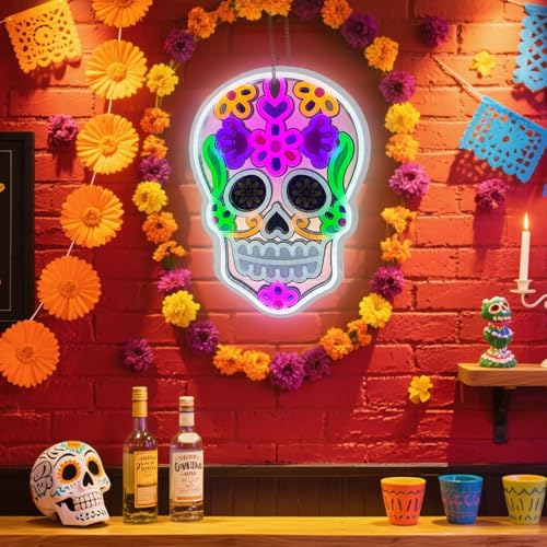 Day of the Dead Neon Sign - Mexican Sugar Skull LED Wall Light for Halloween & Party Decor