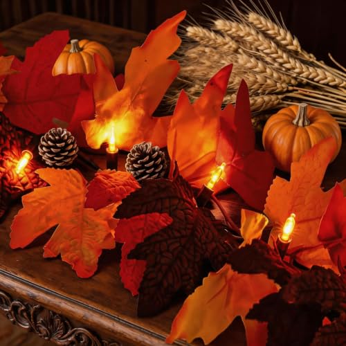 9Ft 2-Pack Battery-Operated Maple Leaf Garland with 8 Lighting Modes - Fall Decor