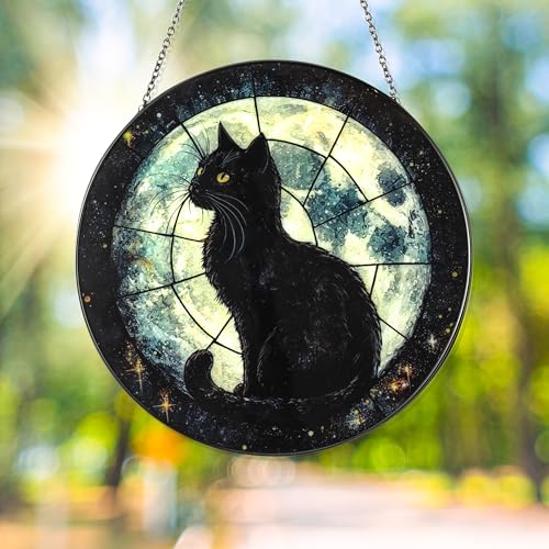 Black Cat & Moon Stained Glass Suncatcher Window Hanging Decoration - Variation: Black Cat