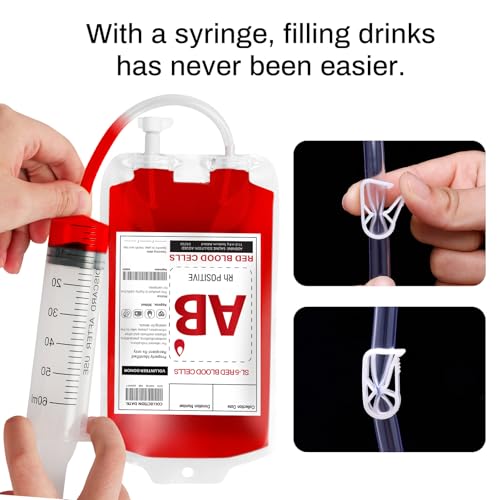 Halloween Blood IV Bags for Drinks - 60 Pack Reusable Container with Syringes & Clips - Variation: 60 Bags & 3 Syringes