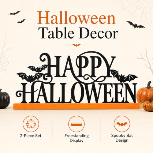 Halloween Wood Sign with Bat Cutouts - Spooky Holiday Decor