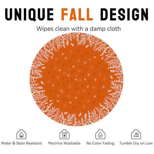 Fall Leaf Round Tablecloth 90 Inch - Autumn Leaves and Wild Flowers, Stain Resistant Washable Fabric, Fall Decor