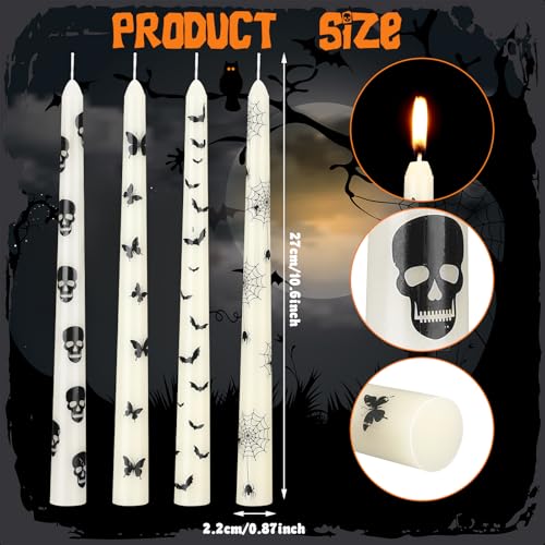 Halloween Taper Candles - 12 Pcs Ghost, Skull, Bat & Spider Web Styles, 10.6 Inch