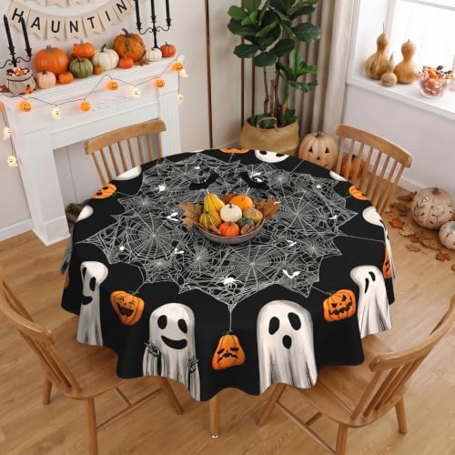 Halloween Black Round Tablecloth 90 Inch Spider Web Ghost Pattern - Party Decor