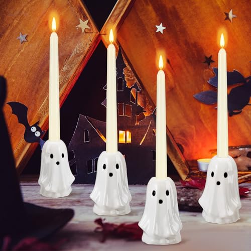 Set of 4 Ceramic Halloween Ghost Candle Holders - Cute Festive Decor