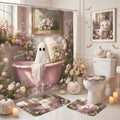 Pink Ghost Halloween Bathroom Shower Curtain and Rug Set - 4PCS Spooky Decor