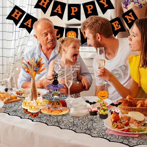 Halloween Table Runner 14x48 Inch Black Lace Spider Web Decor - UnslQonds Variation