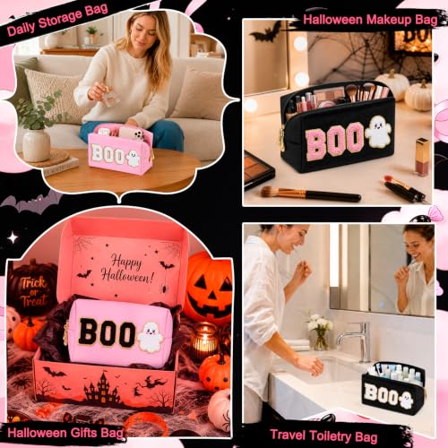 Halloween Makeup Bag Set - Black & Pink Cosmetic Pouches with Chenille BOO & Ghost Patches