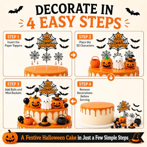 Halloween Cake Topper Set - 40 Pcs Pumpkin Ghost Bat Decor with Sign & Web