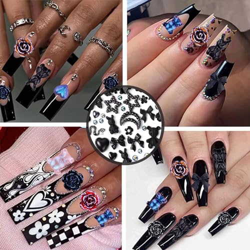 3D Nail Charms Set Black +2 - 110 Mixed Decors for Acrylic Nails, Nail Art & DIY Crafts