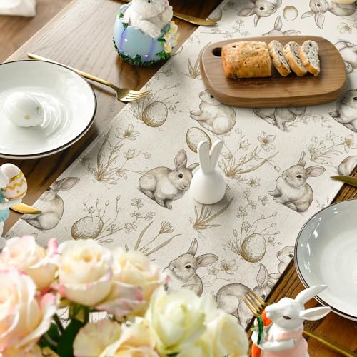 13x120 Inch Easter Bunny Rabbit Floral Table Runner Beige Seasonal Spring Home Decor