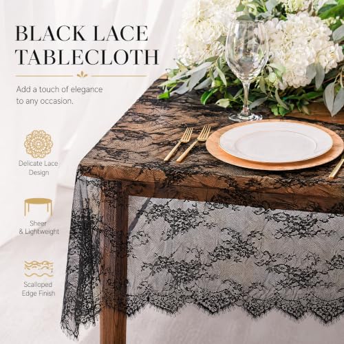 Black Embroidered Lace Tablecloth 60x120 Inch - Elegant Wedding & Event Decor - Variation: Blackness