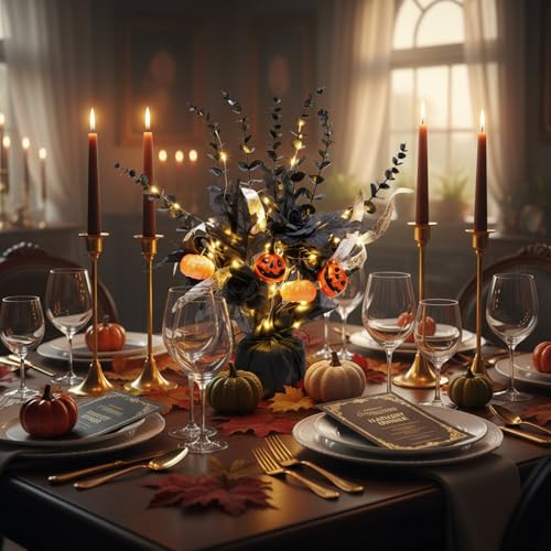 Halloween Centerpiece Set with LED Lights - Black Roses, Pumpkin Flowers, Eucalyptus, 16-Inch Decor