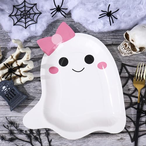 Halloween Ghost Paper Plates with Pink Bow - 50 Pack Disposables