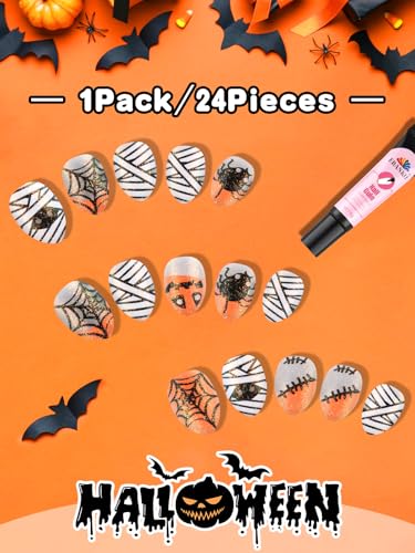 Halloween Kid Press On Nails - Sparkle Almond Fake Nails 24Pcs with Variation of Halloween Sparkle