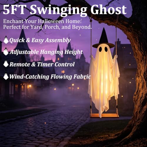 Outdoor Hanging Ghost Decoration 5FT with Swing & Remote Lights