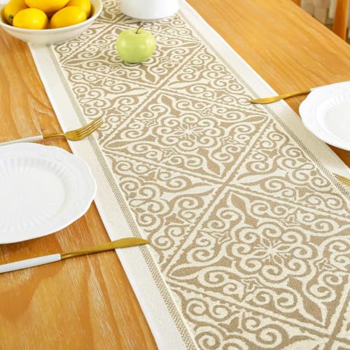 Farmhouse Floral Table Runner 14 x 94 Inch Light Brown - Handmade Rustic Decor