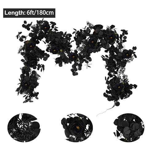 Black Halloween Garland with 10 Roses Berries & Eucalyptus Leaves - 6ft, Variation: Black