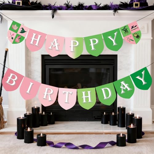 Wicked Happy Birthday Banner for Witch Theme Party Decorations - Pink & Green, Pre-Strung