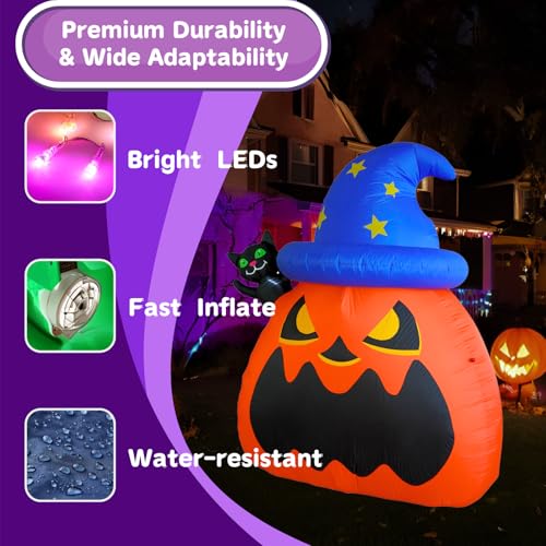 6FT Inflatable Wizard Pumpkin and Cat Halloween Yard Decorations with LED Lights