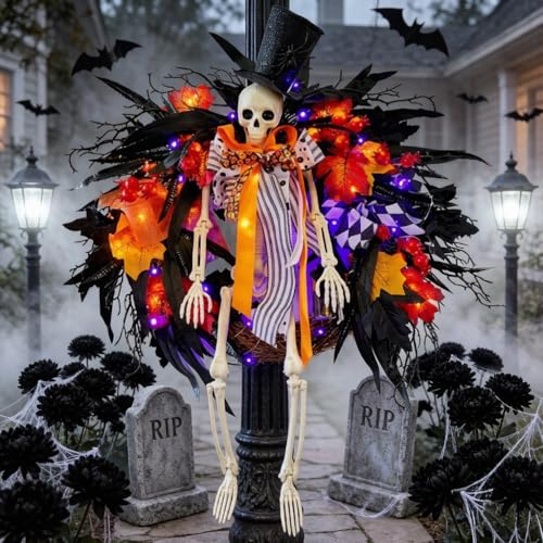 Halloween Skeleton Wreath for Front Door with Lights - 28 Inch Orange Variation