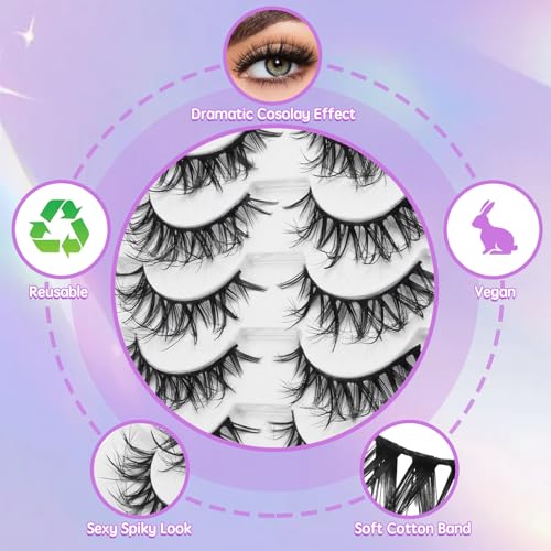 Wispy Cat Eye False Eyelashes - Fluffy Crisscross W-8, 3D Volume, Wet Look, Reusable Faux Mink Lashes Pack