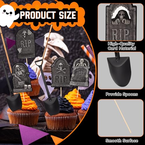 Halloween Cupcake Toppers with Tombstone Graveyard Design - 48 Pcs Cake Decorations with Shovel Spoons
