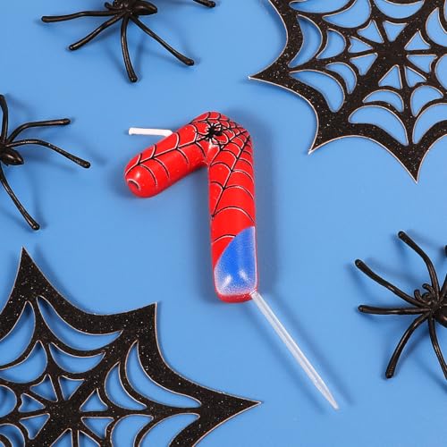Spider Birthday Candle Cake Topper - Number 7, Red & Blue Web Design, Party Decorations