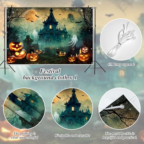 Halloween Party Banner 10x8ft Blue Polyester Spooky Backdrop Decorations for Photoshoot