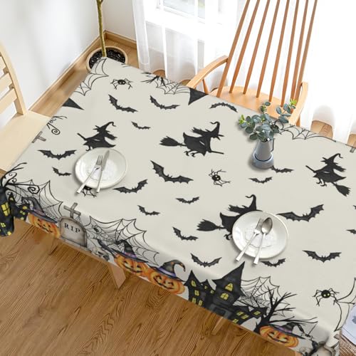 Halloween Tablecloth 60×84 Inch Rectangular Witch Spiderweb Pumpkin Fest Water-Resistant Fabric