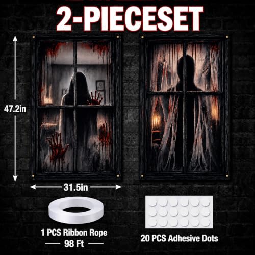 Halloween Window Decorations 2-Piece Scary Door Cover Curtains - Spooky Door Panel Set