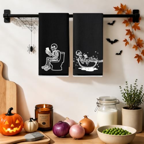 Jztco 2 Pcs Skeleton Hand Kitchen Towels - Halloween Skull Dishcloths, Multi 1447