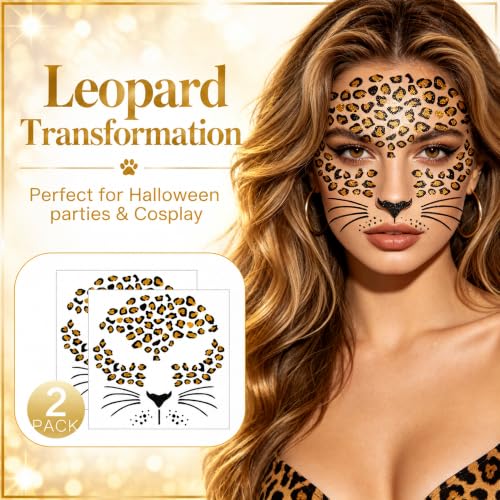 2 Sheets Glitter Leopard Face Tattoos for Women - Cheetah Costume Accessories