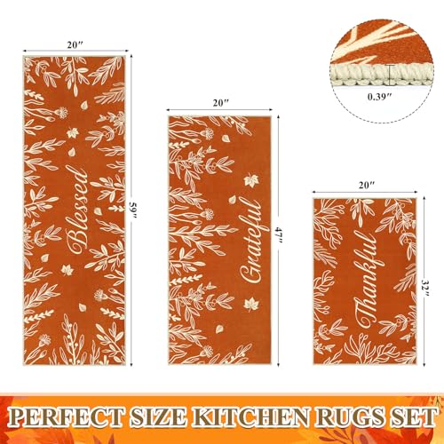 Fall Kitchen Rug Set of 3 with Pumpkin Truck & Leaves - Orange Variations 20x32, 20x47, 20x59