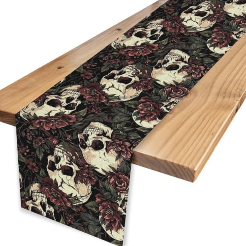 Gothic Table Runner 13x36 Inch Retro Rustic Black Rose Skull Halloween Decor - Variation Gothic-6