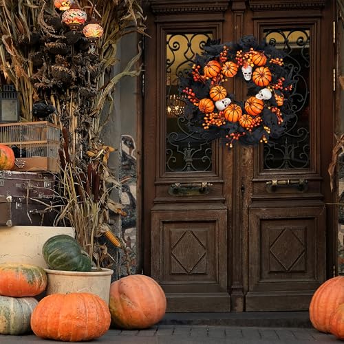 New Fall Halloween Wreath with Artificial Pumpkin & Skull - 20 Inch Front Door Decor