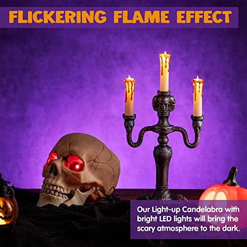 Skull Candelabra Halloween Decorations - 2 LED Flameless Candle Holders, Indoor Haunted House Decor