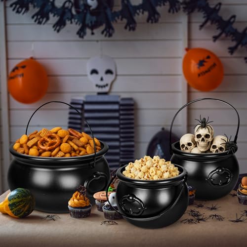 3 Pack Halloween Cauldron Set - Black Plastic Witch Cauldrons for Party Decor